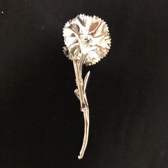 Vintage Silver Tone with Matte Color Three Rhinestones Carnation Brooch - Picture 7 of 9